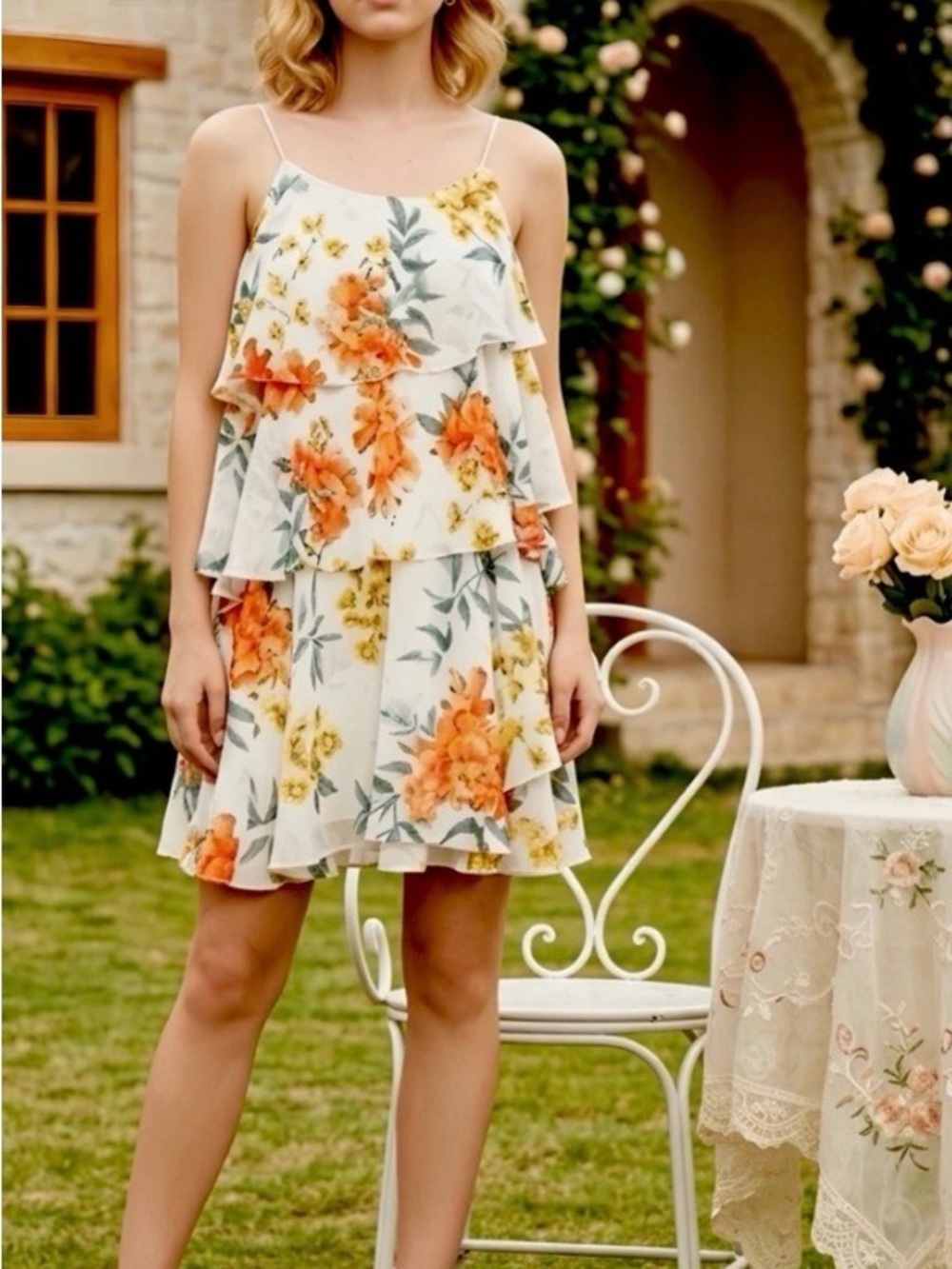 New Floral Tiered Asymmetrical Mini Dress - White & Orange by Ark n c.
